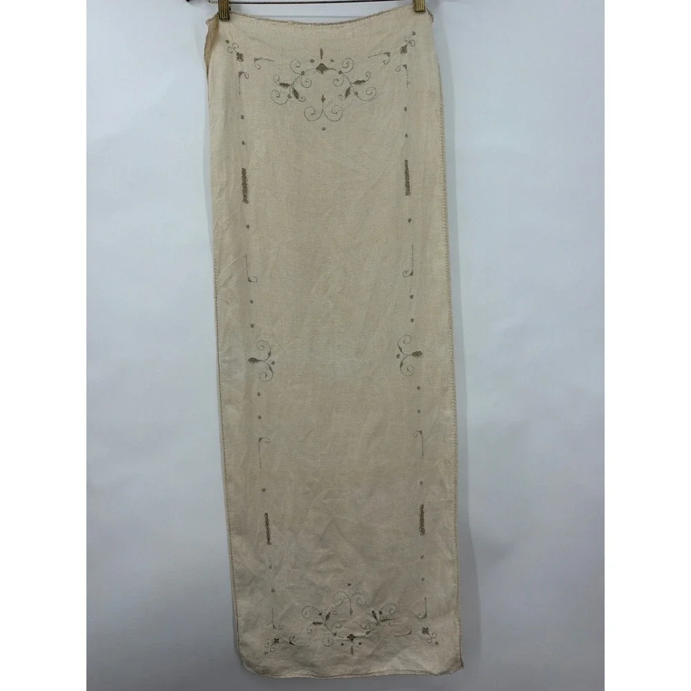 Vintage Hand Embroidered Linen Table Runner Beige Cutwork Floral Scroll 43x15.5